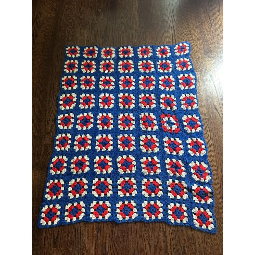 Vintage Hand Crocheted Granny Rectangle  Red‎ White & Blue Afghan Blanket 49x36